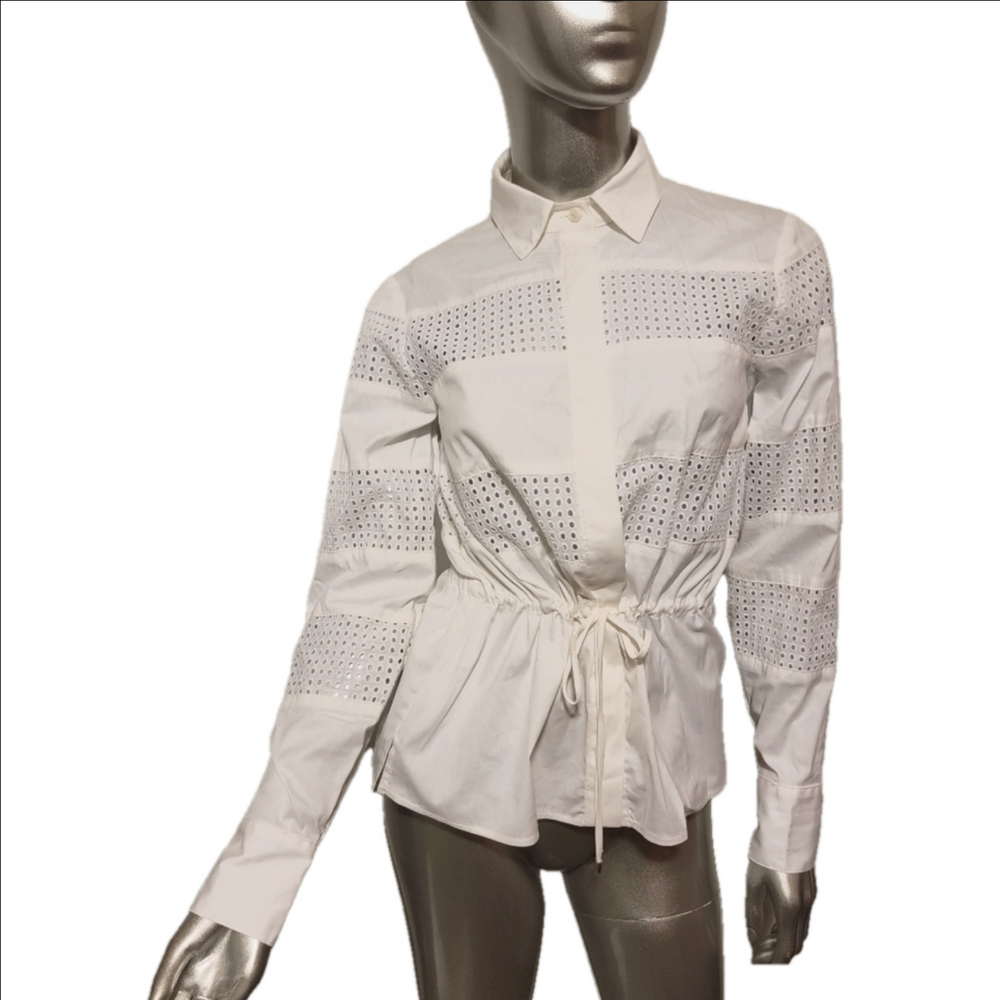Worth New York White Long Sleeve Eyelet Blouse Top